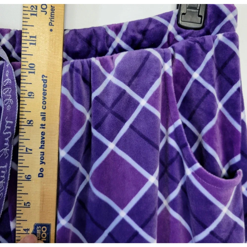 Muk Luks Pajama Set Womens Petite XL Purple Plush Argyle‎ Soft Sleepwear Lounge